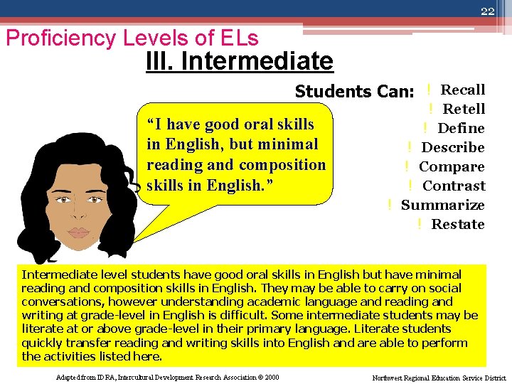 22 Proficiency Levels of ELs III. Intermediate Students Can: ! Recall “I have good