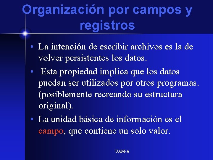 Organización por campos y registros • La intención de escribir archivos es la de