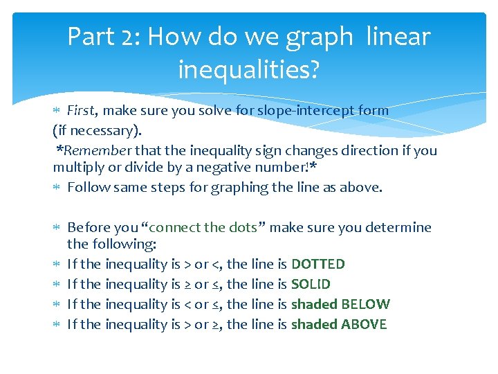 Part 2: How do we graph linear inequalities? First, make sure you solve for
