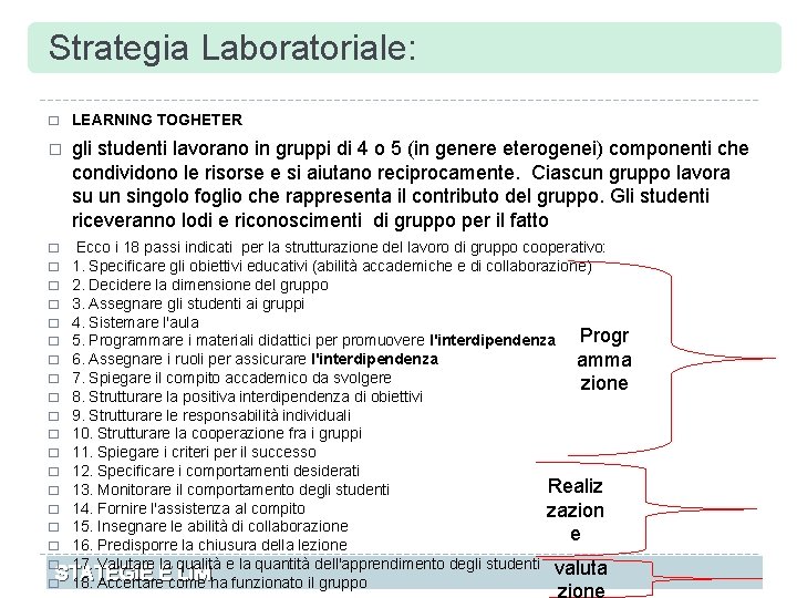 Strategia Laboratoriale: � LEARNING TOGHETER � gli studenti lavorano in gruppi di 4 o