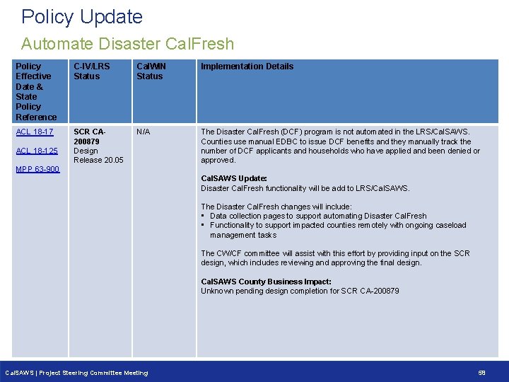 Policy Update Automate Disaster Cal. Fresh Policy Effective Date & State Policy Reference C-IV/LRS