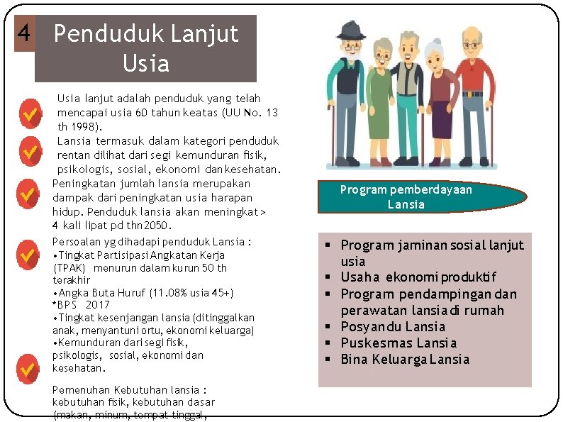 4 Penduduk Lanjut Usia lanjut adalah penduduk yang telah mencapai usia 60 tahun keatas