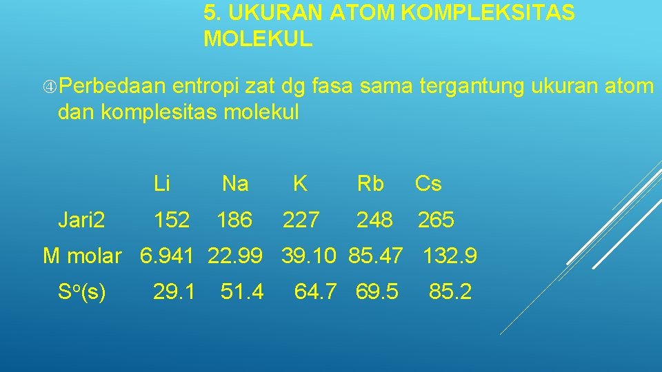 5. UKURAN ATOM KOMPLEKSITAS MOLEKUL Perbedaan entropi zat dg fasa sama tergantung ukuran atom