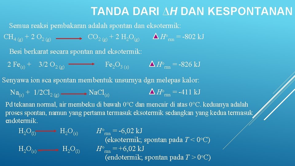 TANDA DARI ∆H DAN KESPONTANAN Semua reaksi pembakaran adalah spontan dan eksotermik: CH 4