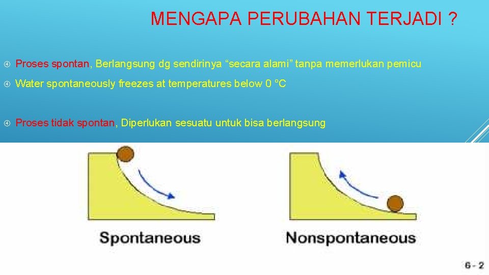 MENGAPA PERUBAHAN TERJADI ? Proses spontan, Berlangsung dg sendirinya “secara alami” tanpa memerlukan pemicu