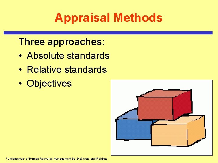 Appraisal Methods Three approaches: • Absolute standards • Relative standards • Objectives Fundamentals of