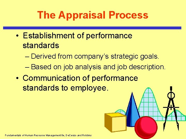 The Appraisal Process • Establishment of performance standards – Derived from company’s strategic goals.