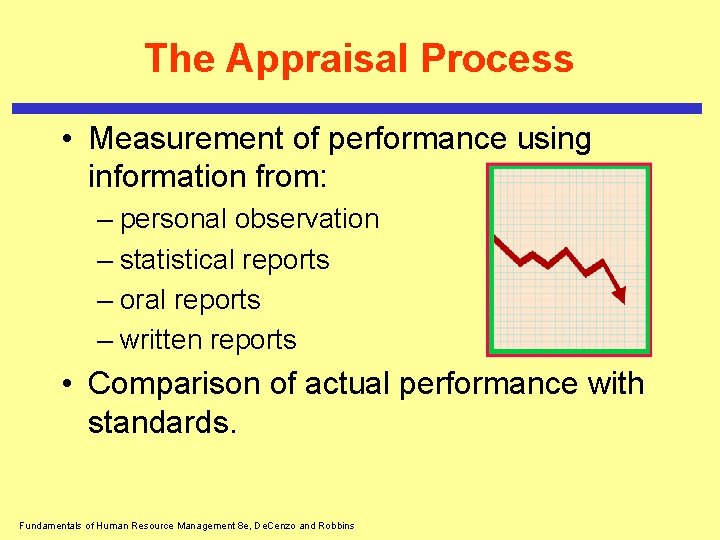 The Appraisal Process • Measurement of performance using information from: – personal observation –