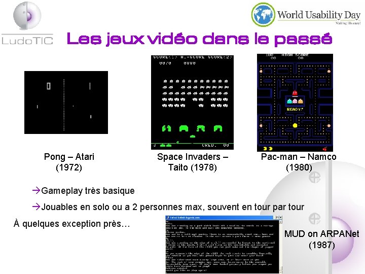 Les jeux vidéo dans le passé Pong – Atari (1972) Space Invaders – Taito