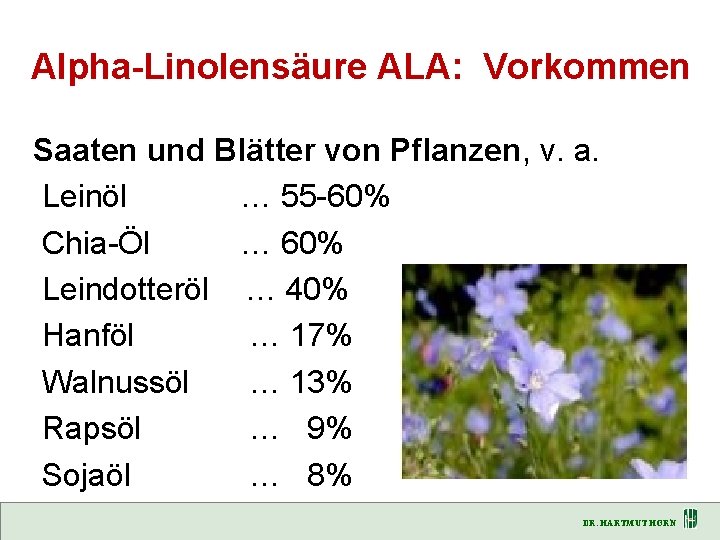 Alpha-Linolensäure ALA: Vorkommen Saaten und Blätter von Pflanzen, v. a. Leinöl … 55 -60%