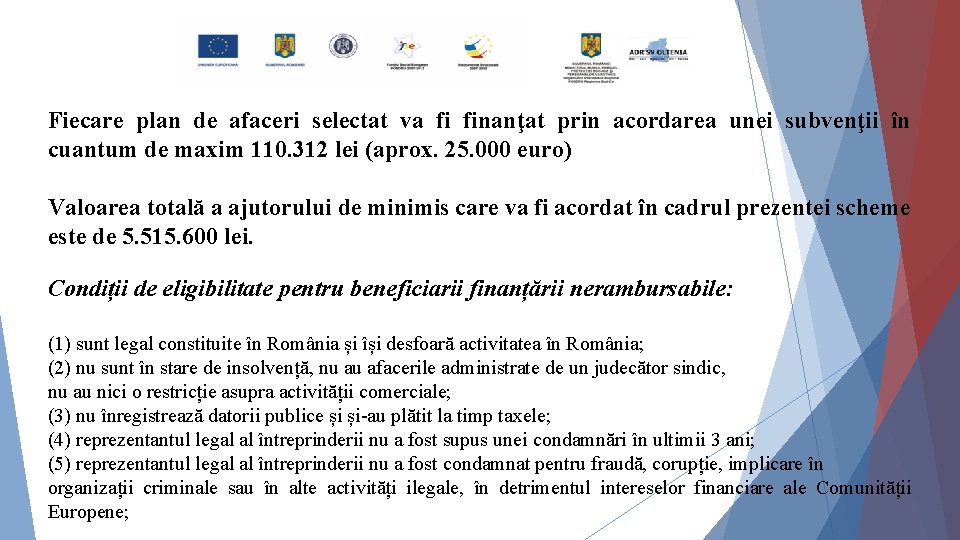 Fiecare plan de afaceri selectat va fi finanţat prin acordarea unei subvenţii în cuantum