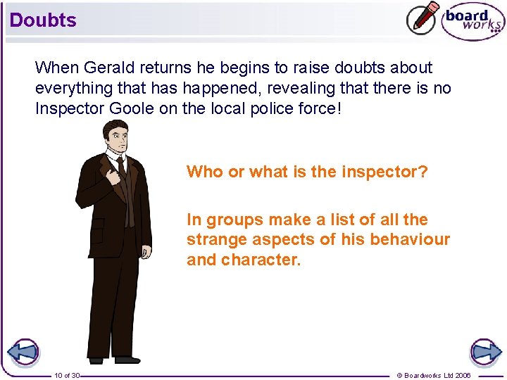 Doubts When Gerald returns he begins to raise doubts about everything that has happened, Doubts When Gerald returns he begins to raise doubts about everything that has happened,