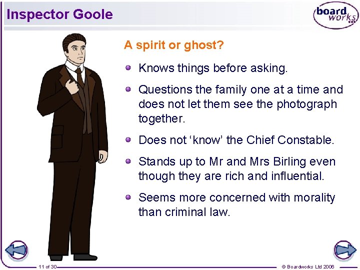 Inspector Goole A spirit or ghost? Knows things before asking. Questions the family one Inspector Goole A spirit or ghost? Knows things before asking. Questions the family one