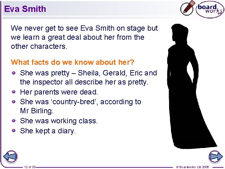 Eva Smith We never get to see Eva Smith on stage but we learn Eva Smith We never get to see Eva Smith on stage but we learn