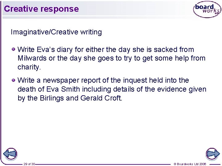 Creative response Imaginative/Creative writing Write Eva’s diary for either the day she is sacked Creative response Imaginative/Creative writing Write Eva’s diary for either the day she is sacked