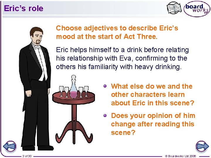 Eric’s role Choose adjectives to describe Eric’s mood at the start of Act Three. Eric’s role Choose adjectives to describe Eric’s mood at the start of Act Three.