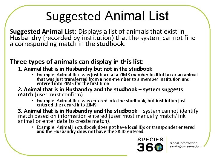 Suggested Animal List: Displays a list of animals that exist in Husbandry (recorded by