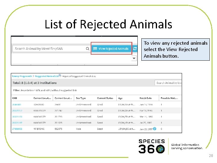 List of Rejected Animals To view any rejected animals select the View Rejected Animals