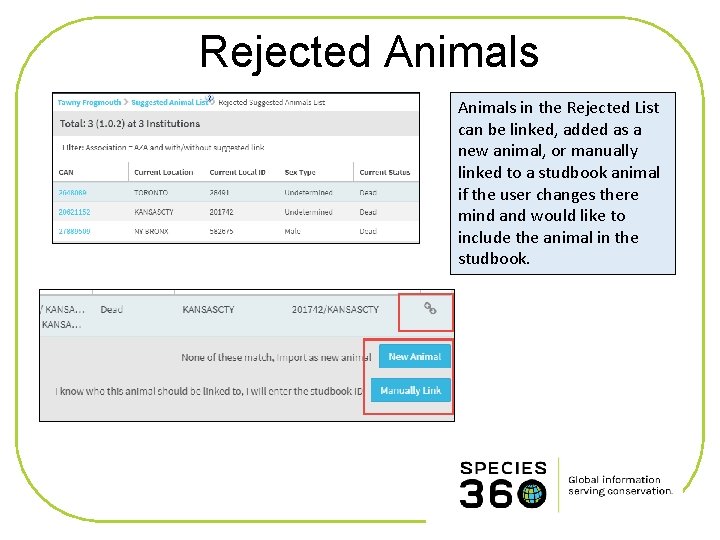 Rejected Animals in the Rejected List can be linked, added as a new animal,