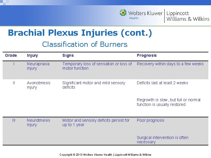 Brachial Plexus Injuries (cont. ) Classification of Burners Grade Injury Signs Prognosis I Neurapraxia