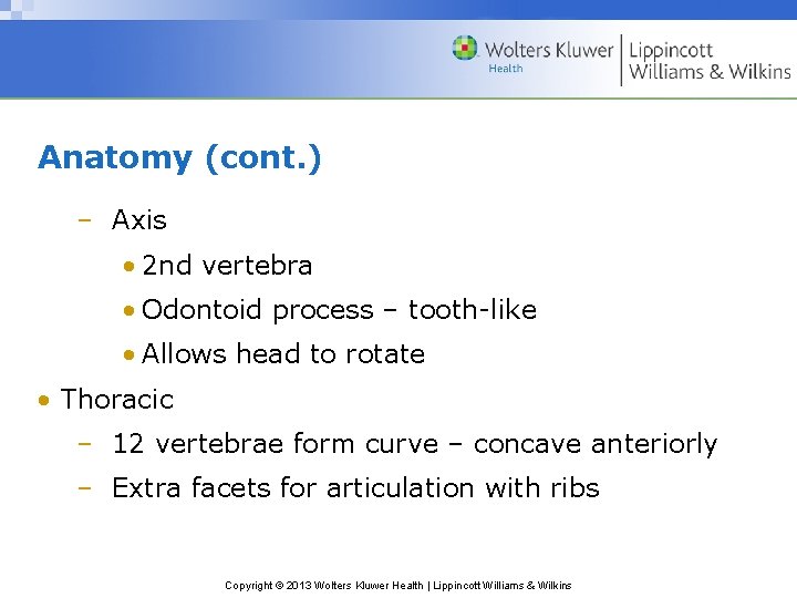 Anatomy (cont. ) – Axis • 2 nd vertebra • Odontoid process – tooth-like