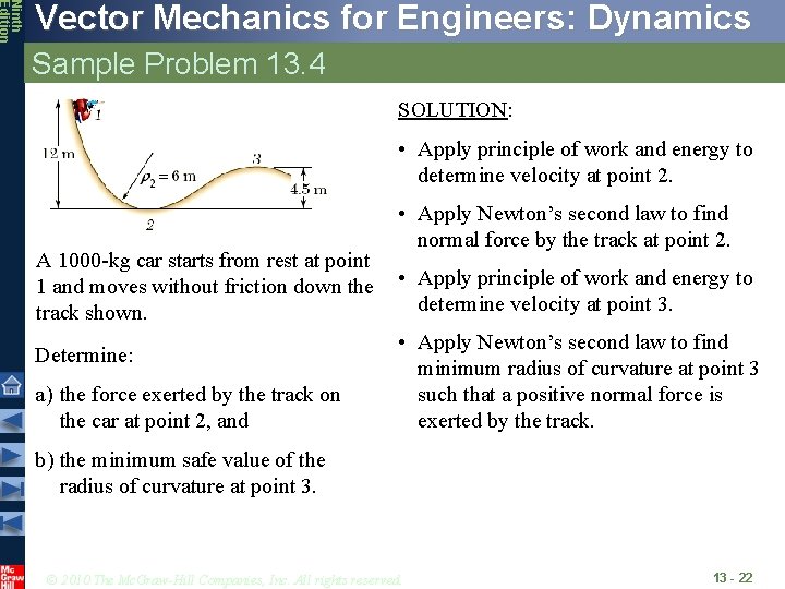 Ninth Edition Vector Mechanics for Engineers: Dynamics Sample Problem 13. 4 SOLUTION: • Apply