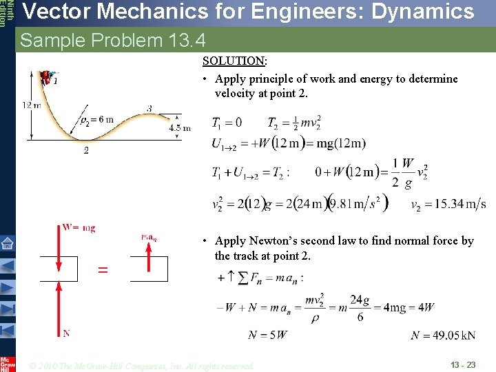 Ninth Edition Vector Mechanics for Engineers: Dynamics Sample Problem 13. 4 SOLUTION: • Apply