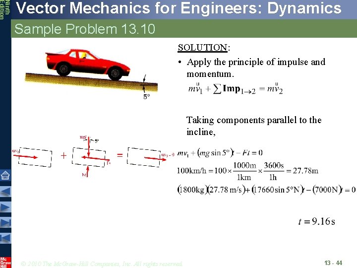 Ninth Edition Vector Mechanics for Engineers: Dynamics Sample Problem 13. 10 SOLUTION: • Apply