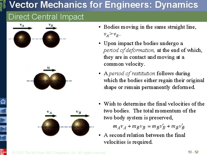 Ninth Edition Vector Mechanics for Engineers: Dynamics Direct Central Impact • Bodies moving in