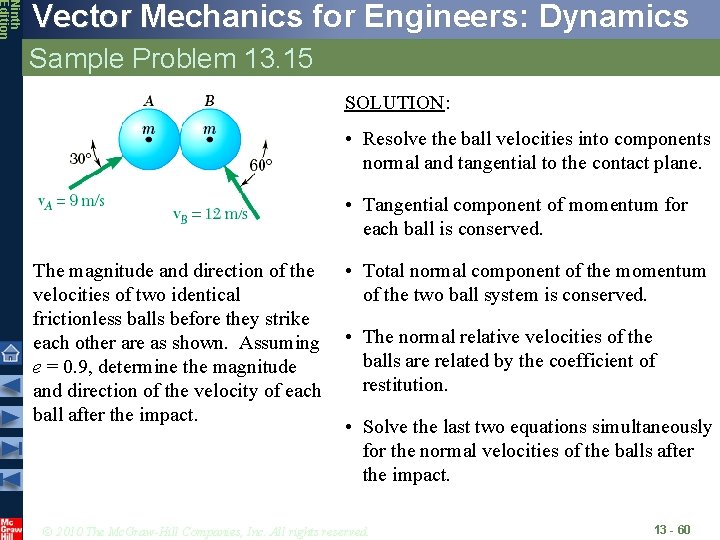 Ninth Edition Vector Mechanics for Engineers: Dynamics Sample Problem 13. 15 SOLUTION: • Resolve