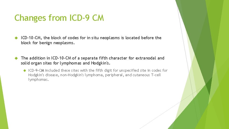 Changes from ICD-9 CM ICD-10 -CM, the block of codes for in situ neoplasms Changes from ICD-9 CM ICD-10 -CM, the block of codes for in situ neoplasms