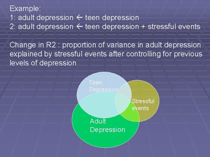 Example: 1: adult depression teen depression 2: adult depression teen depression + stressful events