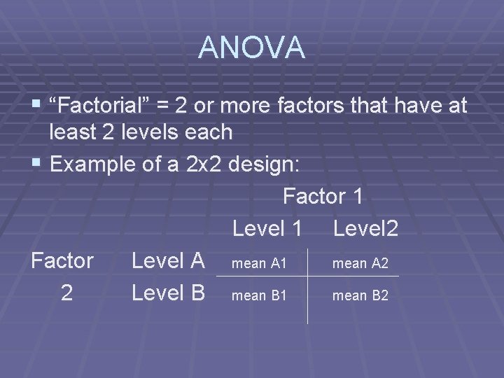ANOVA § “Factorial” = 2 or more factors that have at least 2 levels