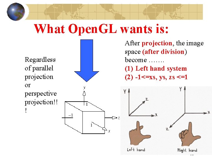 What Open. GL wants is: Regardless of parallel projection or perspective projection!! ! After