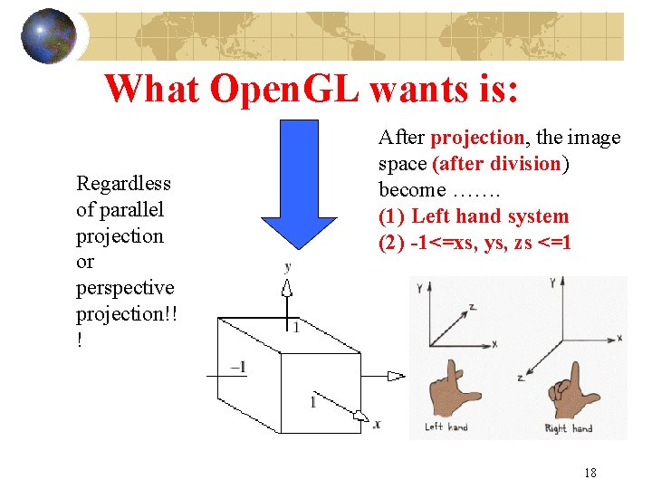 What Open. GL wants is: Regardless of parallel projection or perspective projection!! ! After