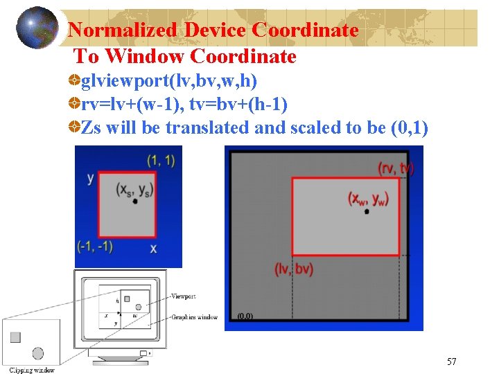 Normalized Device Coordinate To Window Coordinate glviewport(lv, bv, w, h) rv=lv+(w-1), tv=bv+(h-1) Zs will