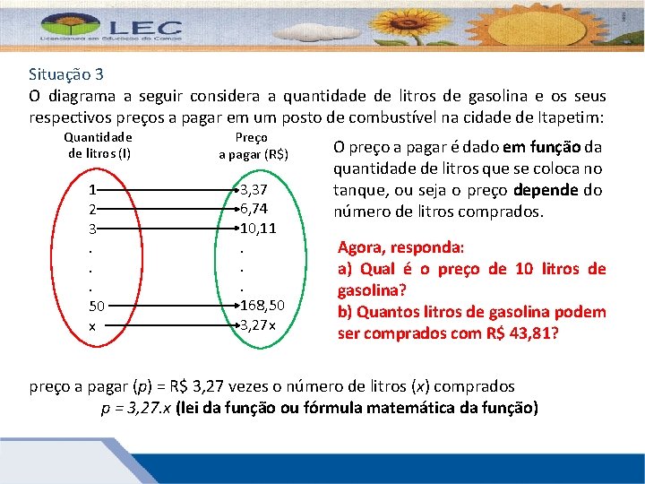 Situação 3 O diagrama a seguir considera a quantidade de litros de gasolina e