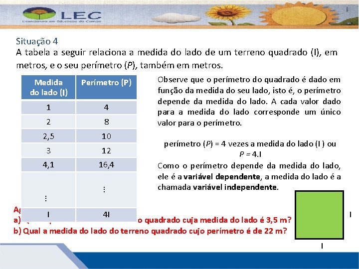 Situação 4 A tabela a seguir relaciona a medida do lado de um terreno