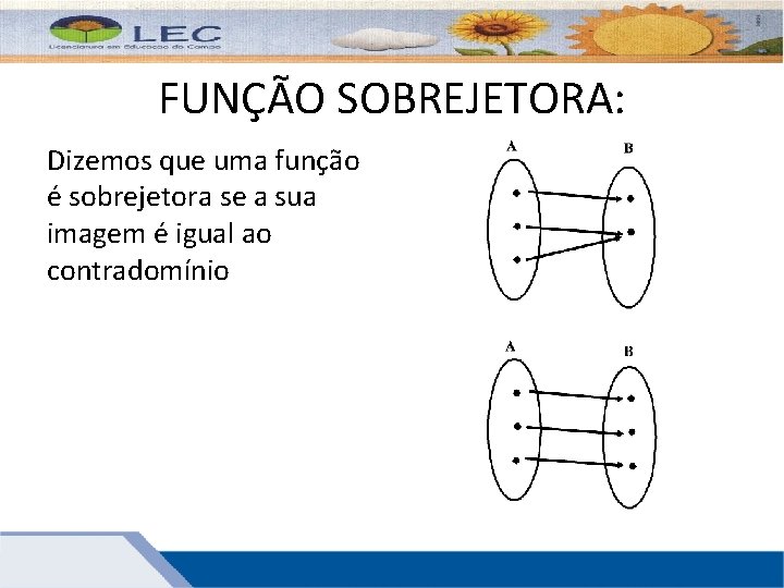 FUNÇÃO SOBREJETORA: Dizemos que uma função é sobrejetora se a sua imagem é igual