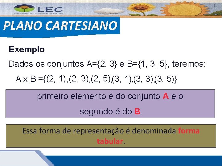 PLANO CARTESIANO Exemplo: Dados os conjuntos A={2, 3} e B={1, 3, 5}, teremos: A