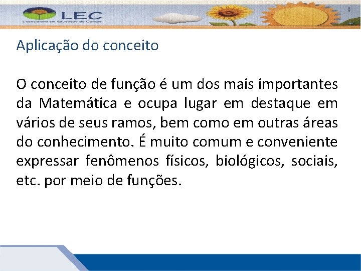 Aplicação do conceito O conceito de função é um dos mais importantes da Matemática