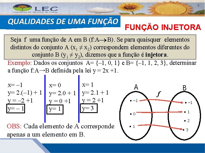 QUALIDADES DE UMA FUNÇÃO INJETORA Seja f uma função de A em B (f: