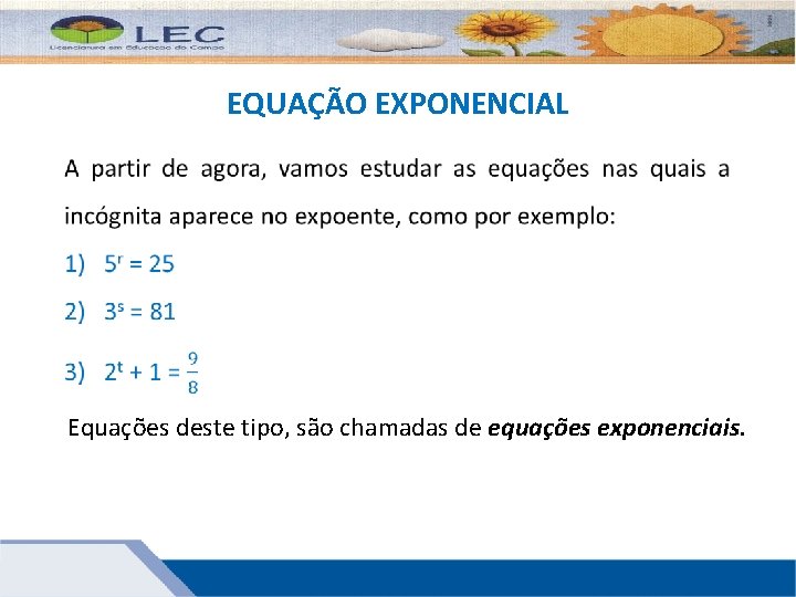 EQUAÇÃO EXPONENCIAL Equações deste tipo, são chamadas de equações exponenciais. 