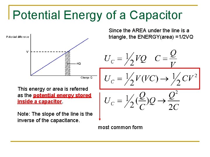 Potential Energy of a Capacitor Since the AREA under the line is a triangle,