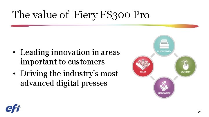 The value of Fiery FS 300 Pro • Leading innovation in areas important to