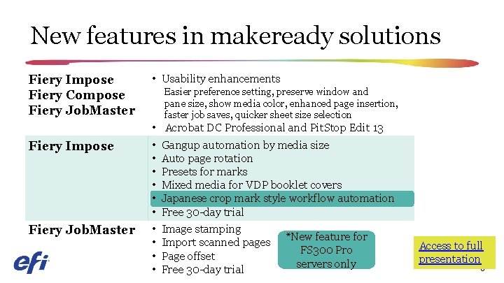 New features in makeready solutions Fiery Impose Fiery Compose Fiery Job. Master Fiery Impose