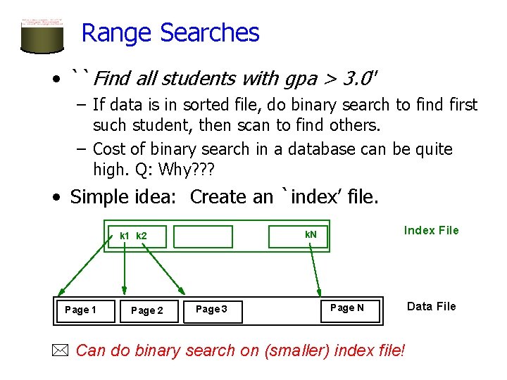 Range Searches • ``Find all students with gpa > 3. 0’’ – If data