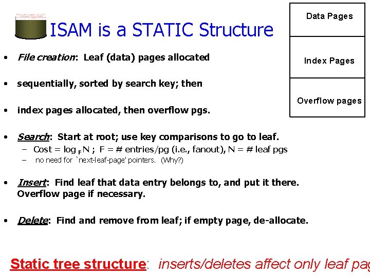 Data Pages ISAM is a STATIC Structure • File creation: Leaf (data) pages allocated