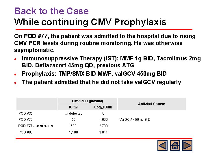 Back to the Case While continuing CMV Prophylaxis On POD #77, the patient was