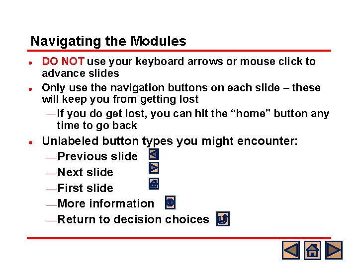 Navigating the Modules l l l DO NOT use your keyboard arrows or mouse